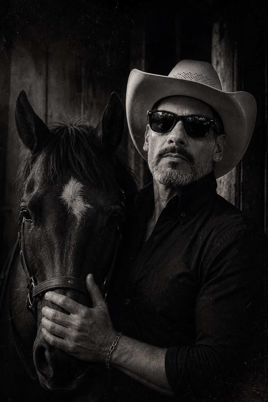 Retrato del protagonista junto al caballo